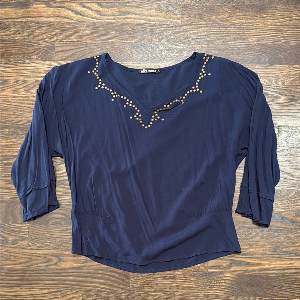 Ella Moss Blue Embellished 3/4 Sleeve Blouse